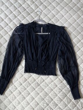 Free People Boho Navy Sheer Smocked Waist Puff-Sleeve Blouse